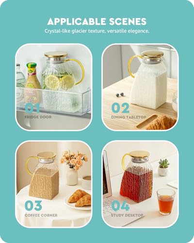 Baffect Water Pitcher, Glass Pitcher With Lid And Handle, 63 Oz / 1.8 L High Borosilicate Glass Jug For Fridge Door, Carafe For Hot/Cold Iced Tea Juice Coffee Milk Beverage （Glacier-Textured） - style: Glacier-Textured