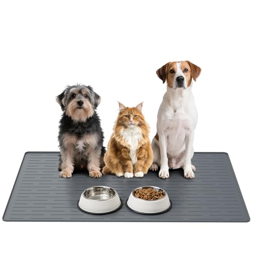 Large Dog Mats for Food and Water, 32"x24" Waterproof Pet Food Mats for Floor Nonslip Silicone Bowl Mats with Raised Edges - color: Gray, size: 32"L x 24"W