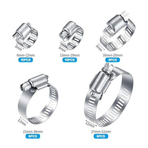 40 Pcs Hose Clamps Stainless Steel, 6-51mm Adjustable Worm Gear Pipe Clamps, Fuel Line Hose Clips Heavy Duty for Plumbing, Dishwasher, Automotive, Washing Machine, Mechanical - size: 40 pcs (1/4'' - 2'')
