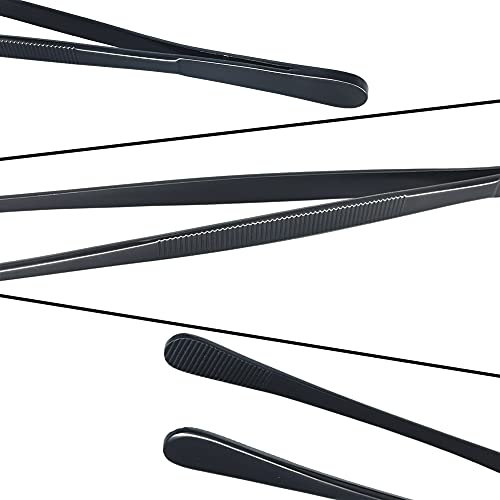 12-Inch Professional Kitchen & Cooking Tweezers Tongs - Stainless Steel Long Tweezer Tongs - Black Coated - BBQ,Plating,Multi-use - color: Black
