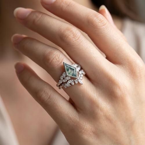 Natural Moss Agate Engagement Ring Set for Women, Unique Genuine Moss Agate Ring, 925 Sterling Silver 10K 14K 18K Solid Gold Nature Inspired Bridal Set, Boho Wedding Jewelry Gift - color: Four