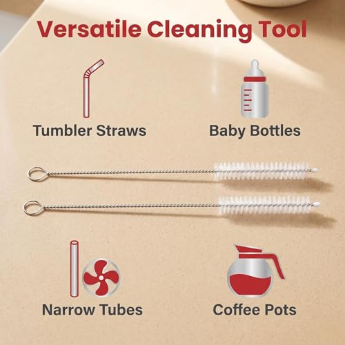2 Pack Straw Cleaner Brush, Reusable Metal Handles Straw Cleaner Brush Extra Long for Stanley Mug 40, 30, 20 oz, 10mm Wide for Sippy Cup, Water Bottle and Tubes (Clear+Clear)