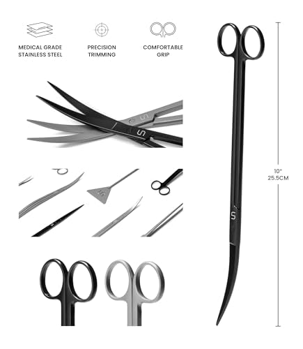 UNS Aquascaping Tools - Stainless Steel, Rust Resistant, Freshwater Planted Tank, Saltwater Reef Aquarium Maintenance Accessory - Trimming Stems & Carpets, Coral Cutting - Curved Scissors, Black - color: Black