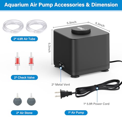 hygger Aquarium Air Pump, Quiet Adjustable Fish Tank Air Pump, 4W/7W/11W Powerful Oxygen Aerator Dual Stainless Steel Outlets with Air Stone Bubbler for Small Medium Large Fish Tank, Hydroponic - size: 11W (Tank Up To 600 Gal)