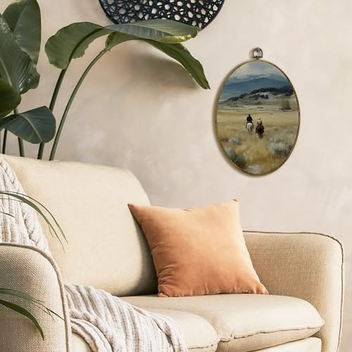 XFCICRLJ Vintage Western Room Cowboy Wall Art Decor, Rustic Western Oval Canvas Prints Framed, Cottagecore Country Landscape Cowboy Wall Art Decorations for Home Bedroom Living Room Decor, 11x8.5 Inch - color: West