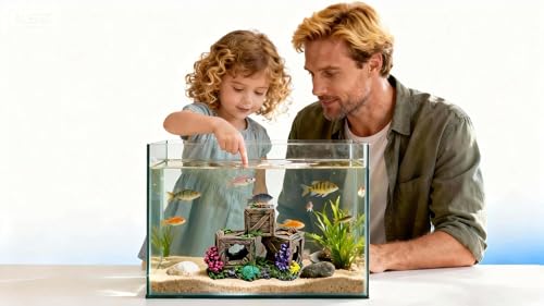 Fish Tank Decorations Hideout for Betta, Shrimp & Guppies – Two-Level Wooden Crate with Realistic Coral, Sponge & Seaweed, Stable Rock Base, Aquarium-Safe Resin - 8.5x4.3x4.9 Inch
