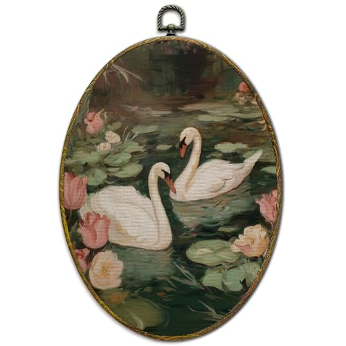 XFCICRLJ Vintage Floral Swan Wall Art Decor, Rustic Farmhouse Swan Oval Canvas Prints Framed, Cottagecore Botanical Elegant Animals Wall Art Decorations for Home Bedroom Living Room Decor, 11x8.5 Inch - color: Swan04