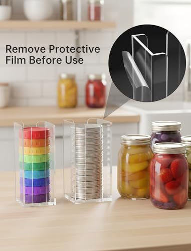 NiHome 2 PCS Acrylic Mason Jar Lid Organizer Rack, Dual Size Holder for Regular and Wide Mouth Lids, Vertical Storage Stand for Cabinet Kitchen Countertop and Pantry Organization (Clear)