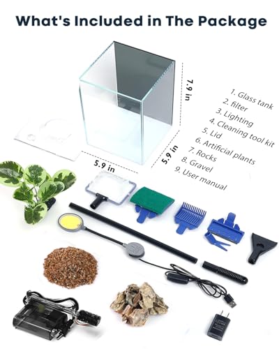 Desktop Small Aquarium Set Glass Fish Tank 1.25 Gallon, with Water Pump Filter Bright LED Light Gravel Cleaning Tool, Starter Kit Small Space Easy Setup Space-Saving Design Betta Shrimp
