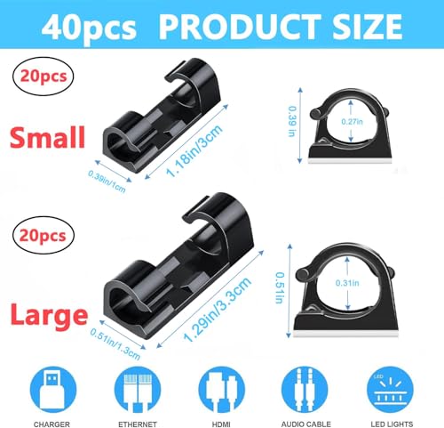 40 PCS Cable Clips Black (Small & Large),Adhesive Cable Clips for Wall,Finisher Wire Clamp for TV PC Laptop,Cable Management Clips Outdoor Light Clips - color: 40PC Black