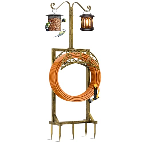Garden Hose Holder - Upgraded Water Hose Holders for Outside with 5 Spikes & 2 Shepherds Hooks, Freestanding Hose Stand Hose Hanger Hose Storage Hose Reel Rack for Yard Lawn(Antique Golden) - color: Antique Golden