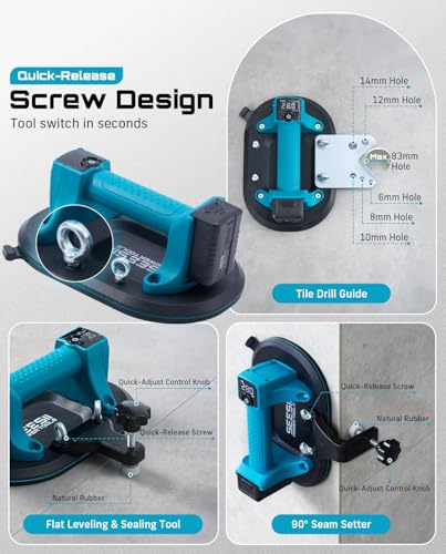 SEESII 4-in-1 Electric Suction Cups for Tile Lifting, Drill, Seam & Leveling: 10" Large Glass Suction Cup, Heavy Duty Vacuum Lifter with 280KG/617LBS Max Load, 4X 3000mAh Batteries, Digital Display - color: Cobalt Blue