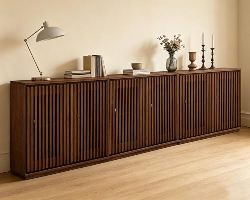 LKTART Narrow Buffet Cabinet Sideboard with Storage, Mid Century Modern Accent Credenza Cabinet with Doors & Shelves, Wood Coffee Bar TV Media Console Table for Kitchen,Entryway,3 Pieces - color: B- Walnut, size: 3 Pieces