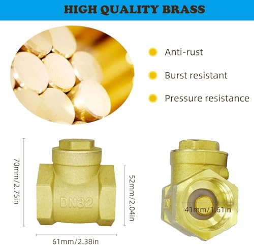 NPT Check Valve, 1-1/4" Female Horizontal Brass Check Valve for Water Backflow Prevention, Suitable for Sewage Pumps and Air Compressors, DN32 - size: 1-1/4inch（DN32）