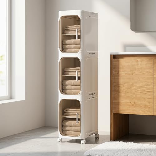 KHNR 3-Tiers Slim Bathroom Storage Cabinet, Foldable Storage Cabinets,Narrow Bathroom Storage,Movable Bathroom Storage Organizer for Small Spaces,Bathroom,Kitchen,Laundry,Cream White - color: Cream White, size: 3-Tiers