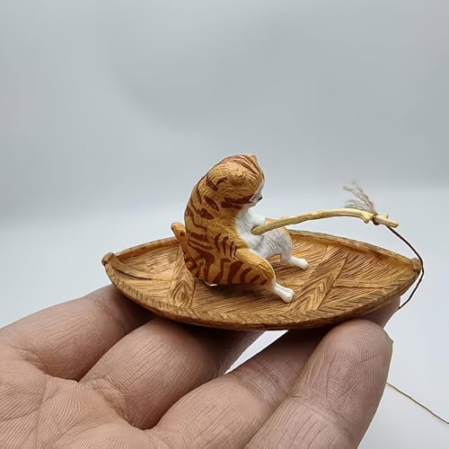 Cat Aquarium Decoration Resin Fish Tank Ornament Ocean Theme Mini Landscape Decor Cute Fishing Scene Tank Accessory for Aquariums Home Desktop Decoration(Boat Not Including)