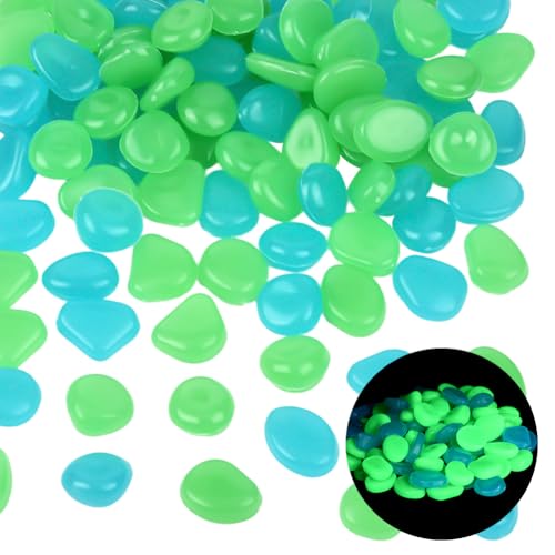 1 Box 100Pcs Glow in The Dark Rocks Glowing Resin Pebbles Aquarium Gravel Fish Tank Decor Blue Garden Stones for Outdoor Landscaping Walkway Driveway Pot Plant Bonsai Fairy Garden Night Decor - color: Blue, Green