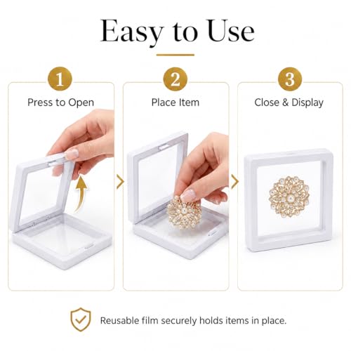 6 Pack 3D Floating Display Case, Freestanding Clear Suspension Frame and Jewelry Holder for Challenge Coins, Enamel Pins, Rocks, Rings and Plant Specimens - color: White, size: 4.3*4.3*0.8