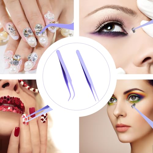 Lash Tweezers Kit - 2 Pcs Stainless Steel Eyelash Tweezers Straight and Curved Tip for Eyelash Extensions, DIY Crafts, Nail Art, Scrapbooking, Jewelry Making - color: Purple