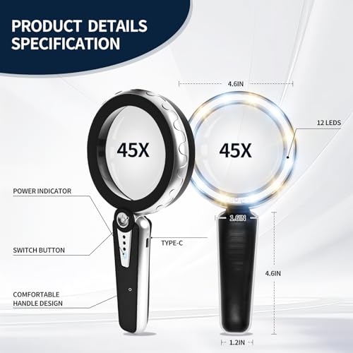 45X Magnifying Glass with Light, Rechargeable LED Magnifier for Reading | 1200mAh Battery • 6 Light Modes • Dual Acrylic Lenses • 4.6" Lens • Adjustable Brightness • 12 LEDs • Non-slip Handle - color: Black