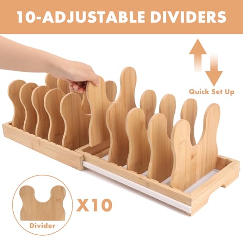 MEKER Pot Lid Holders, Cabinet Organizer for Food Contanier Lid, Bamboo Expandable Bakeware for Under Cabinet, Adjustable Dividers, Pot Lids Holder Rack, Cookie Sheet Baking Pan, Tray Organizer, 10PCS