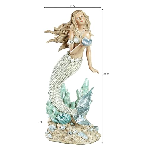 Touch of Class Oceana Mermaid Coastal Sculpture | Handpainted Resin Figurine | Pearlescent Accents, Blue Shell & Pearl-Toned Tail | 16" Decorative Mermaid Statue for Beach or Ocean Decor