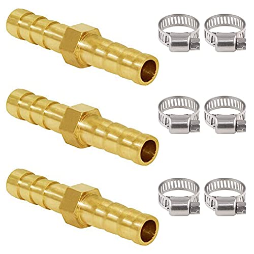 Joywayus 3/8" ID Hose Barb,Hex Union Brass Fitting Intersection/Split Brass Water/Fuel/Air with 6 Stainless Steel Clamps(Pack of 3) - size: 3/8 Inch, style: 3PCS