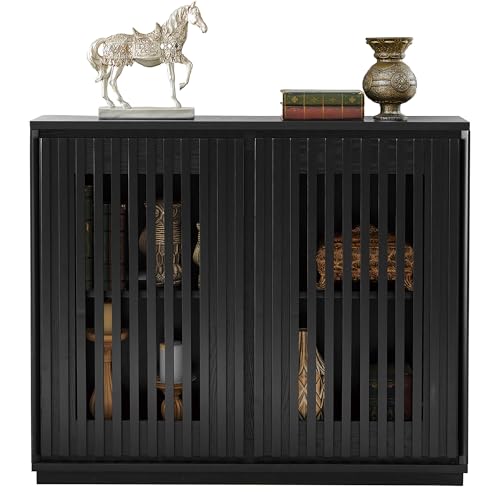 LKTART Mid Century Modern Entryway Cabinet, Narrow Small Sideboard Buffet Storage Cabinet with Arched Doors,TV Media Console Cabinet for Living Room,Kitchen,Home Bar,Black - color: B- Black, size: 1 Piece
