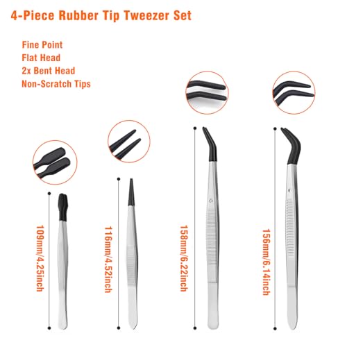 4 Pcs Rubber Tip Tweezers Set, Non-Scratch PVC Coated Tips - Fine Point, Flat & Bent Head Tweezers for Crafts, Jewelry Making, Electronics, Eyelash Extensions