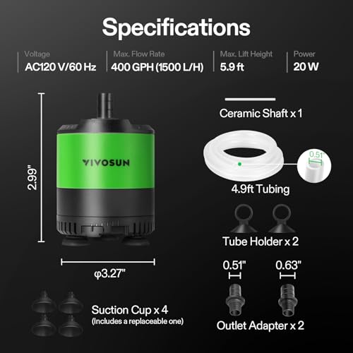 VIVOSUN 400 GPH 20W Submersible Water Pump, with Adjustable Water Flow, 4.9 ft Tubing, Additional Ceramic Shaft, and Outlet Adapters, for Fish Tanks, Aquariums, Hydroponics, Fountains - size: 400 GPH