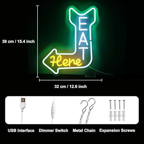 Eat Here Neon Sign Kitchen Neon Signs for Wall Decor with Arrow Guidance Green Orange White Eat Dimmable LED Sign Diner Neon Signs for Wall Bar Restaurant Kitchen Man Cave Decor - color: Green Orange White
