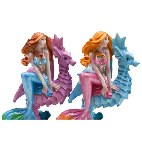 1Pcs Pink Mermaid with Seahorse Figurine Ornament Mediterranean Princess Statues Resin Aquarium Supplies for Garden Patio Fish Tank Home Office Desktop Bookshelf Craft Decors - color: Pink