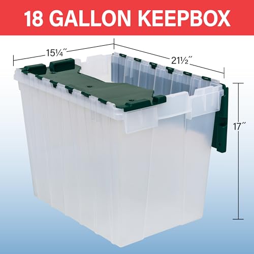 Akro-Mils KeepBox 18 Gallon Storage Container, Nesting and Stackable Plastic Storage Box with Lid Attached, Clear Tote for Garages, Closets, and Moving, 21" x 15" x 17", Clear/Green, 3-Pack - color: Clear/Green, size: 18 Gallons