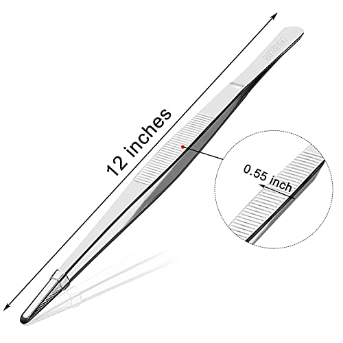 Stainless Steel Long Tweezers Tongs Kitchen Tweezer with Precision Serrated Tips Long Straight Tweezers for Cooking Cooking Tweezer for Sea Food Surgical BBQ (12 Inch)