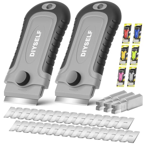 DIYSELF 2 Pack Razor Blade Scraper with 30 Pcs Spare Blades - Scraper Tool for Cleaning, Glass, Stickers - Scraper for Glass Top Stove - Paint Scraper - Razor Scraper - Glass Scraper - Oven Scraper - color: Gray, size: 2 Pack