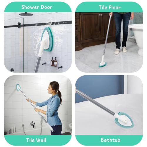 Shower Scrubber with Long Handle, 47'' Bathtub Scrub Brush, Bathroom Tub and Tile Cleaning Tool with 6 Refill Pads - color: Green, size: Scrubber with Long handle
