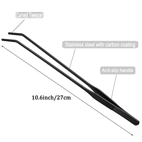 FRUTA Aquarium Tweezers Stainless Steel Straight and Curved Tweezer with Carbonation Protection Coating Against Rust Extra Long Reptiles Feeding Tongs Tools for Aquatic Tank Plants, 10.6 inch, Black