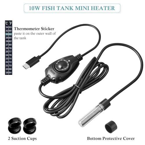 Mini Type-C Aquarium Heater, Small Adjustable Heater with External Controller for up to 2.5Gallon Small Fish Tank, Nano Fish Tank Heater, Betta Heater for Fish Bowls