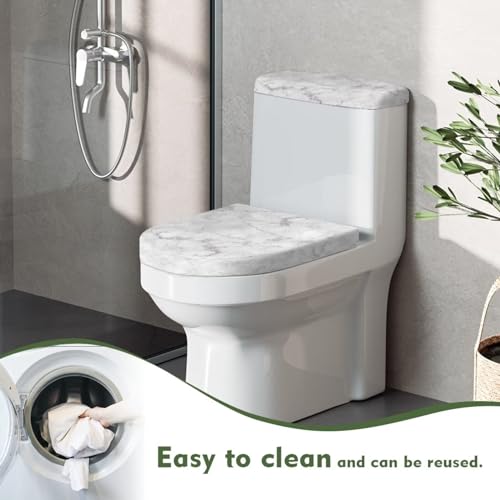 Toilet Lid Cover and Toilet Tank Lid Cover 2PCS, Durable Polyester Protective Cover with Elastic Edge Bathroom Decor Fits Most Round Elongated Oblong Lids, White Marble Print - color: White Marble Print