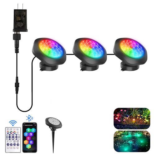 T-SUN Color Changing Submersible Pond Lights with APP and Remote Control, IP68 Waterproof Dimmable Timer Fountain Lights led Underwater for Koi Fish Tank Aquascape Waterfall Landscape(Set of 3) - size: Set of 3