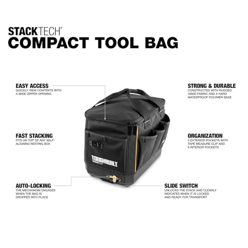 ToughBuilt – StackTech 11" Zippered Tool Bag, Auto-Locking System with Wide Opening, 1680D Fabric & Waterproof Hard Base for Jobsite Organization (TB-B1-S-60C) - size: 11" Tool Bag