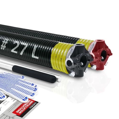 Pair of 2" Garage Door Torsion Springs Set with Non-Slip Winding Bar & Gloves,High Precision Electrophoresis Black Coated, for Replacement & Installation, MIN 16,000 Cycles (0.207x2''x27'') - size: 0.207X2"X27"