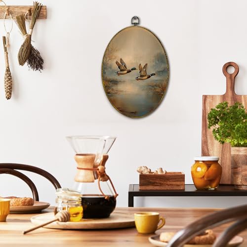 XFCICRLJ Vintage Fall Flying Mallard Duck Wall Art Decor, Rustic Farmhouse Oval Canvas Prints Framed, Cottagecore Farm Animals Landscape Wall Art Decorations for Home Bedroom Living Room Decor, 11x8.5 Inch - color: Duck03