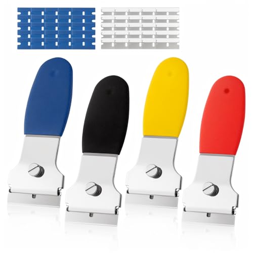4 Pack Razor Blade Scraper, with 20 Metal & 20 Plastic Blades, Multi-Purpose Cleaning Remover Tool for Glass Caulk, Adhesive, Wall, Stovetop, Paint, Window, Sticker, Tile, Label Decals