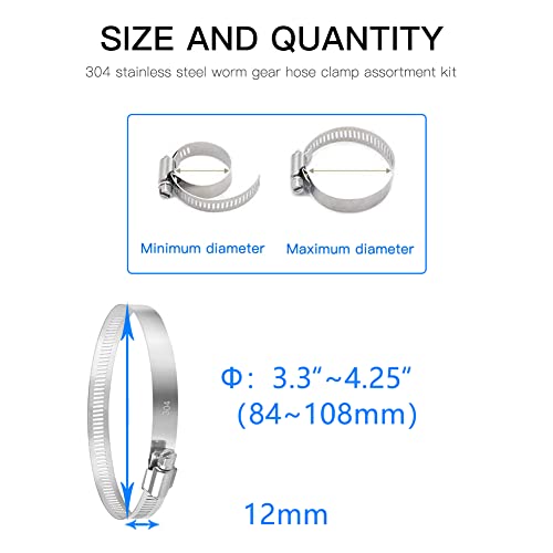 Quickun 10Pcs 4" Stainless Steel Hose Clamp Worm Gear Clamps Adjustable 3.3"-4.25"(84-108mm) Range, Fuel Line Clamp for Water Pipe, Hose Clips, Automative and Mechanical Application - size: 3.30"-4.25"
