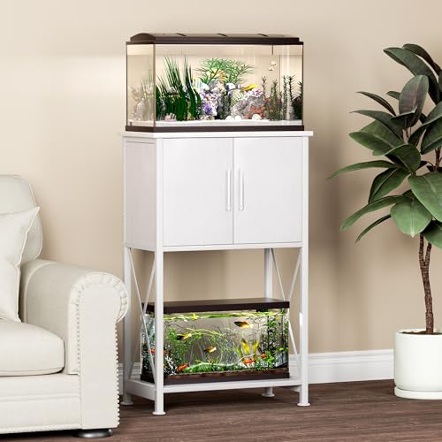Herture 5-10 Gallon Fish Tank Stand, Metal Double Aquarium Stand with Cabinet for Fish Tank Accessories Storage, Heavy Duty 20.5" L* 11.02" W Tabletop, 500LBS Capacity White PG06YGW - color: White, size: 5-10 Gallon