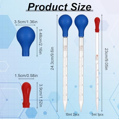 TIESOME Glass Pipette, 3 Pcs Graduated Glasses Liquid Dropper with Cleaning Brush, Lab Glass Transfer Pipette for Essential Oils, Eye Drops & Liquid Transfer, Blue & Red (3pcs: 10ml Blue, 3ml Red)