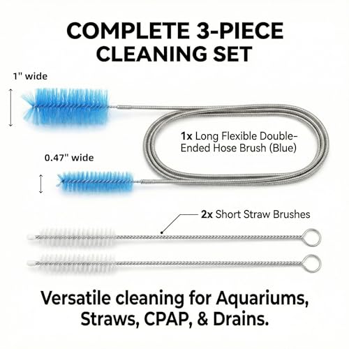 3-Piece Tube Cleaning Brush Kit, 59" Double-Ended Flexible Aquarium Filter Hose Brush with 2 x 8 Straw Cleaner Brushes, 304 Stainless Steel & Nylon Pipe Cleaner for Fish Tank, Kitchen & Home Brewing
