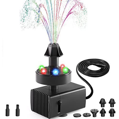 Bird Bath Fountains, Upgraded 24-Hours Working Bird Bath Fountain Pump with Light & 7 Nozzle, 16.4Ft Power Cord & Adapter, Adjustable Water Pump for Garden, Fish Tank, Outdoor (Colorful) - color: Colorful Lights-electric Powered