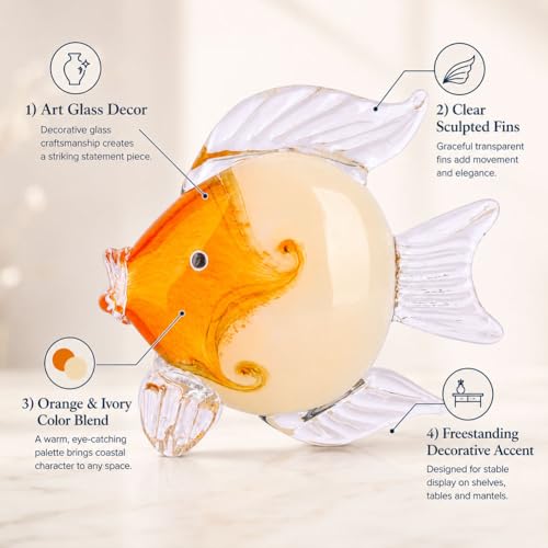 QIANLING Glass Fish Figurines - Coastal Home Decor, Modern Ocean Centerpieces for Living Room, Dining Area, Bathroom, Office, Coffee Table, Beach House, Nautical, Seaside, Entrance, Shelf Display - color: Orange & White Fish